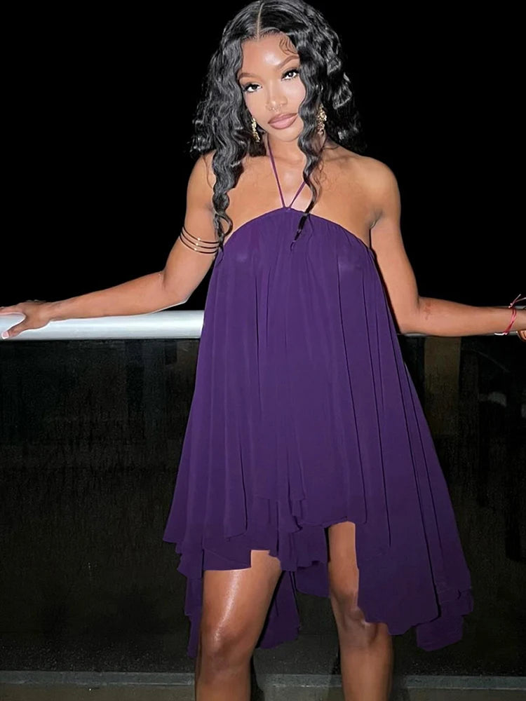 Nibber Asymmetrical Hem Dress Women Halter Bandage Sleeveless Backless Solid Beach Party Sexy 2026 Summer New Trend Mini Bodycon