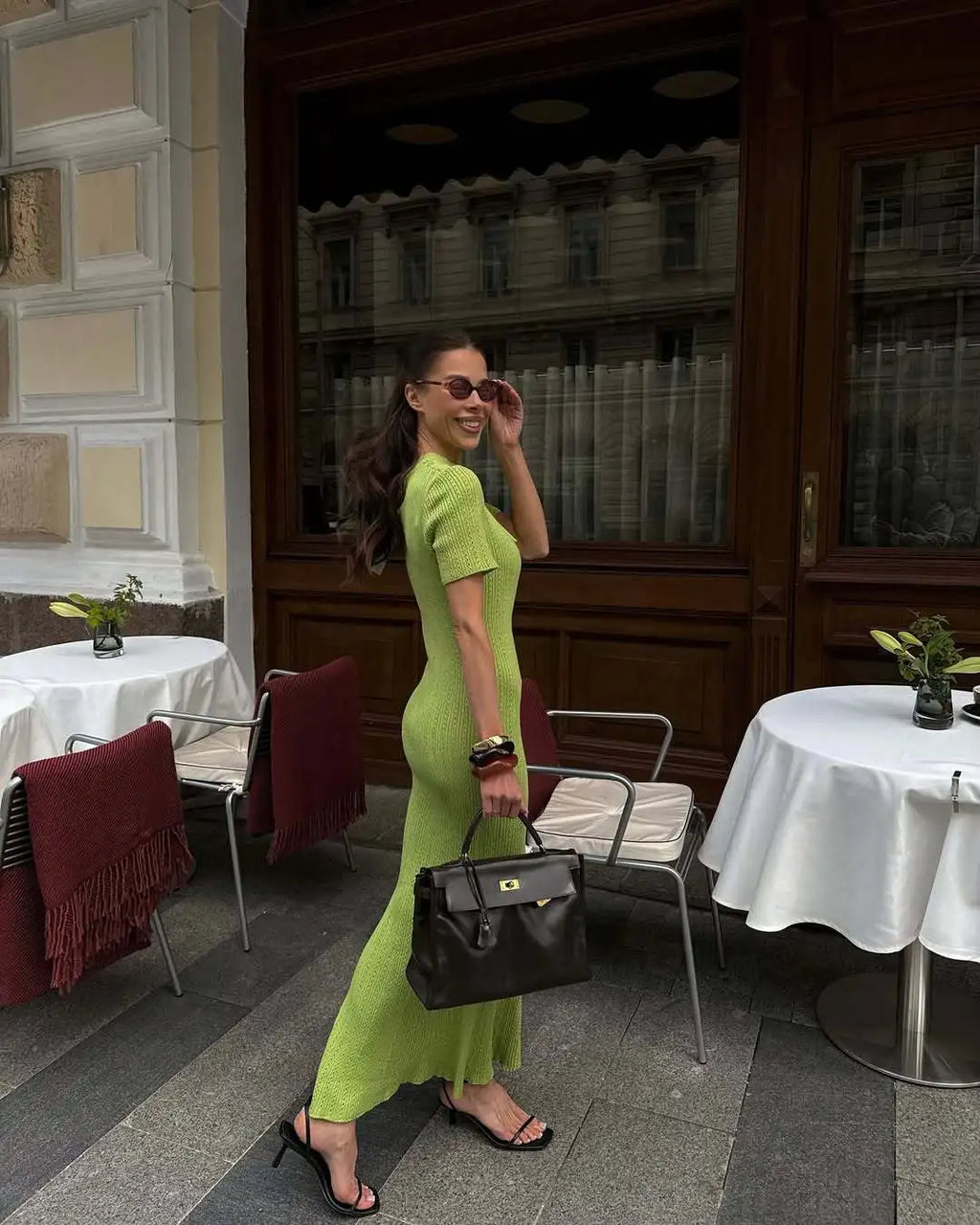 Tossy Knit Hollow Out Lace-Up Dress Female Ribbed Short Sleeve Patchwork High Waist Elegant Long Dress Women's Knitwear Dress