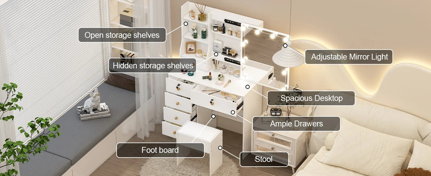 Lighted Vanity Desk Dressing Table Dresser Desk With Stool Set LED Makeup Mirror