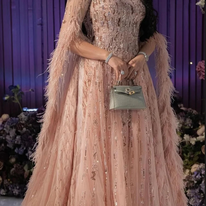 MisShow Customized Pink Feather & Beaded Evening Dress Gown with Sleeves Modest Dresses for Arabic Weddings & Royal Banquets