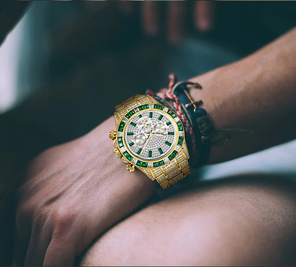 MISSFOX Men’s Luxury Bling Quartz Watch | 42mm, Calendar, 3ATM Water-Resistant, Gold-Tone Stainless Steel