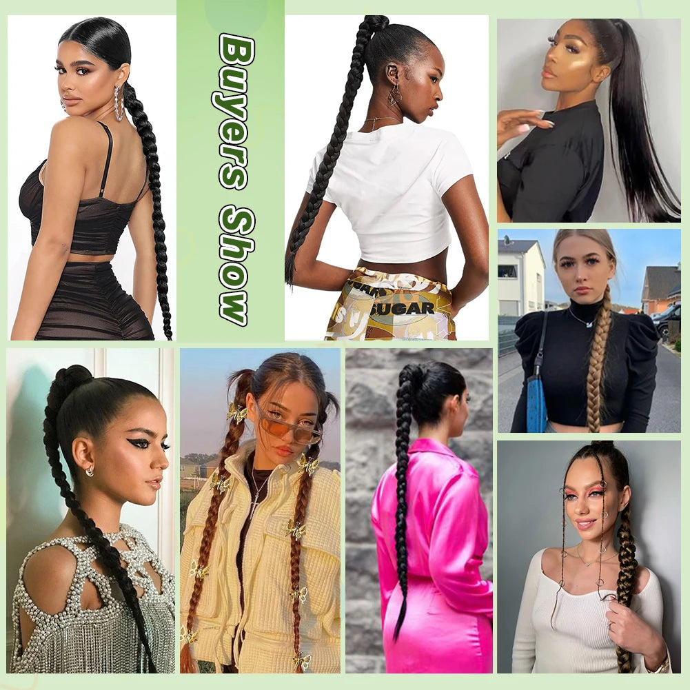 Long DIY Braided Ponytail Extension With Hair Tie Straight Wrap Around Synthetic Hair Extensions