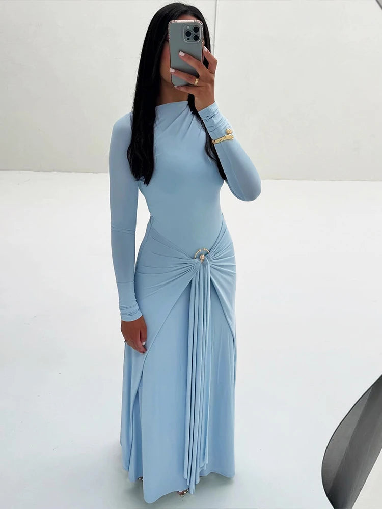 Weird Puss Ruched Elegant Maxi Dress Women Daily Casual Fashion Skinny Full Sleeve Solid Gown Midnight Prom Party Long Bodycon