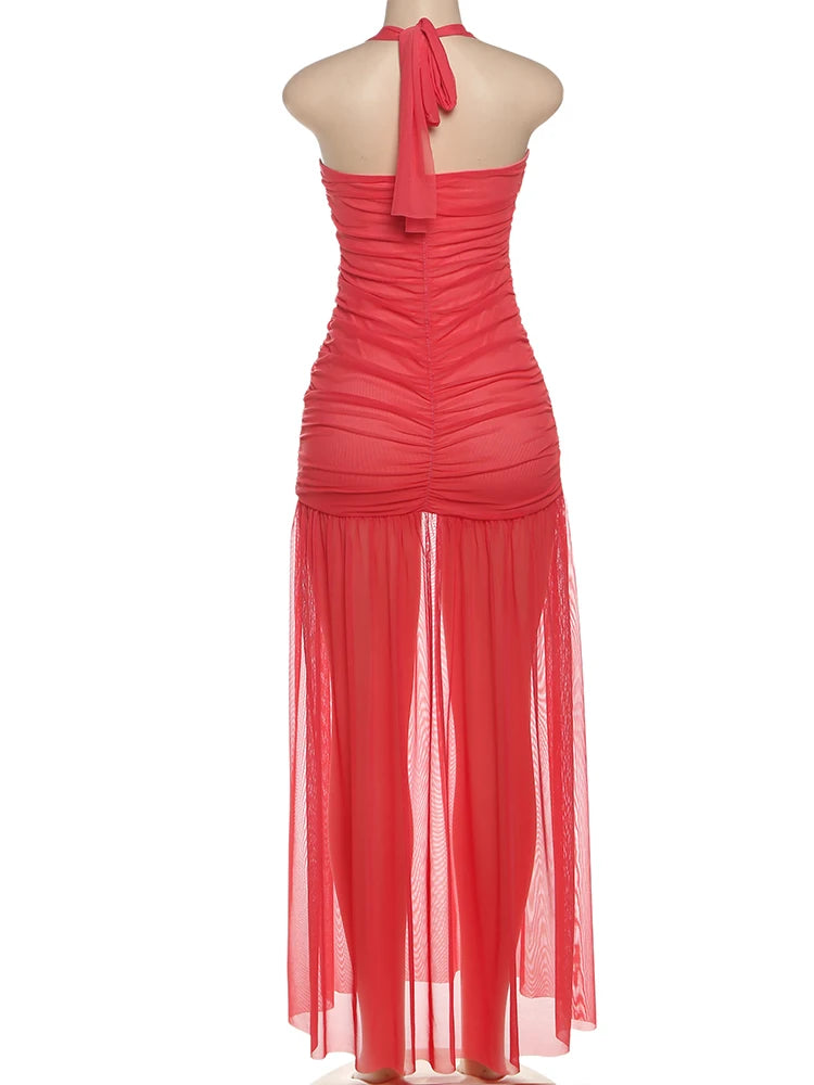 Nibber See Through Hem Dress Women Ruched Halter Summer Trend Sleeveless Backless Patchwork Midnight Clubwear Party Maxi Bodycon