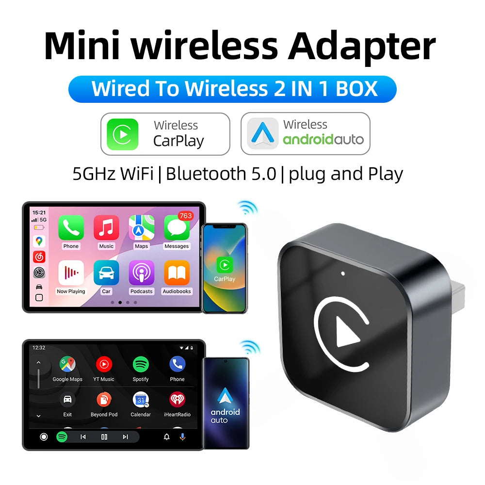 Grandnavi 2-in-1 Wireless CarPlay & Android Auto Adapter (2025 Mini USB Dongle)