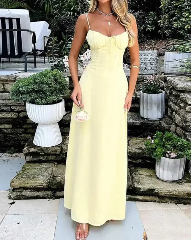 Casual Women High Waist A-line Sling Dress Sleeveless Cinched-waist Pleated Slim Long Dresses 2026 Lady Vacation Street Gowns