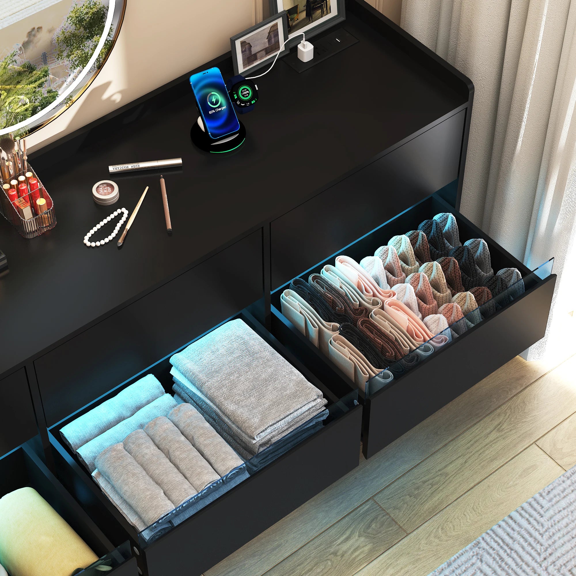 9 Drawer Dresser with Power Outlet & LED Light, Modern Chest of Drawers for Closet, 63" Drawer Organizer Cabinet for Bedroom