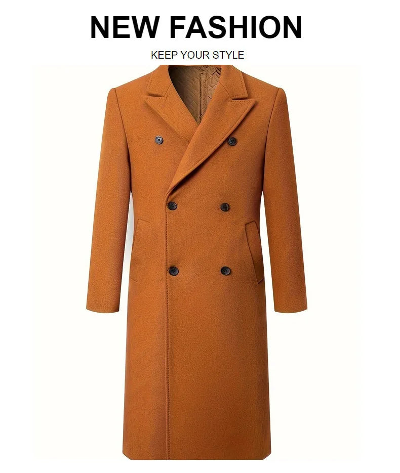 Men Long Double-breasted Coat with Lining Warm Type Coats Wool Blend Lapel Casual Fashion Men's Clothing Polo Jacket Customized