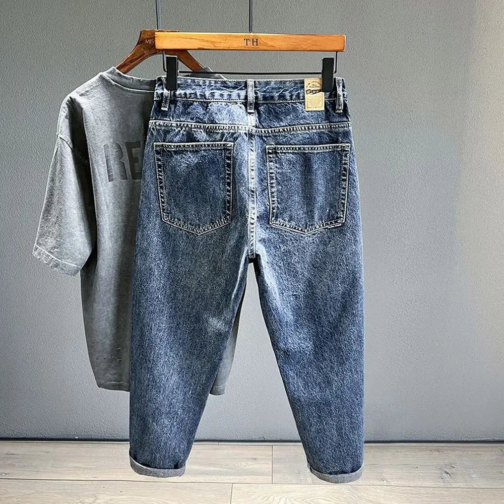 Korean Vintage Loose Tapered Men's Jeans Fashion High Street Drape Harem Pants Youth Hip Hop Streetwear Male Blue Denim Trousers