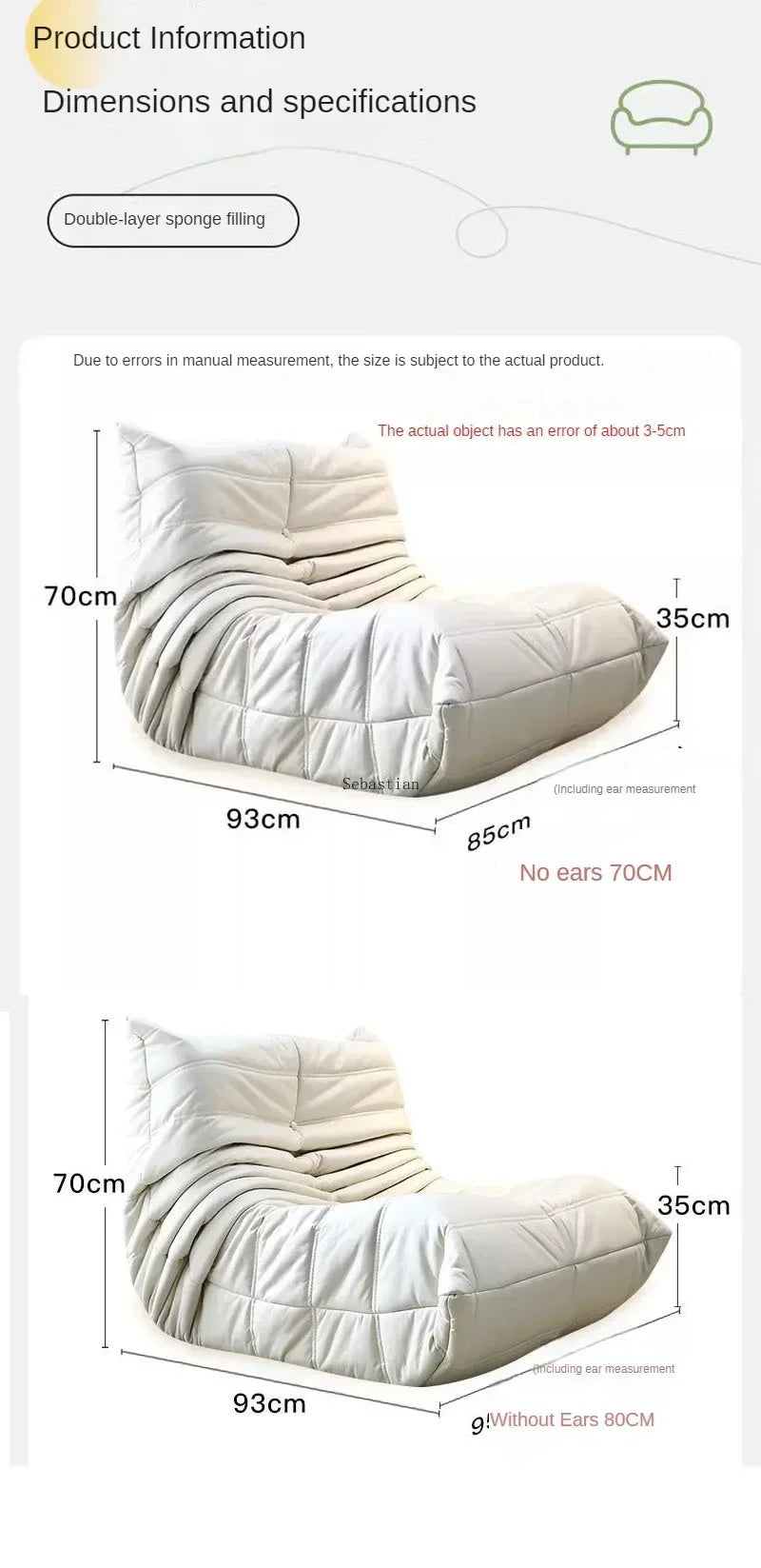 Single Casual Sofa Chair with Cat Scratch Leather Nordic Togo Lazy Caterpillar Sofa Bedroom Living Room Balcony Suede Sofa