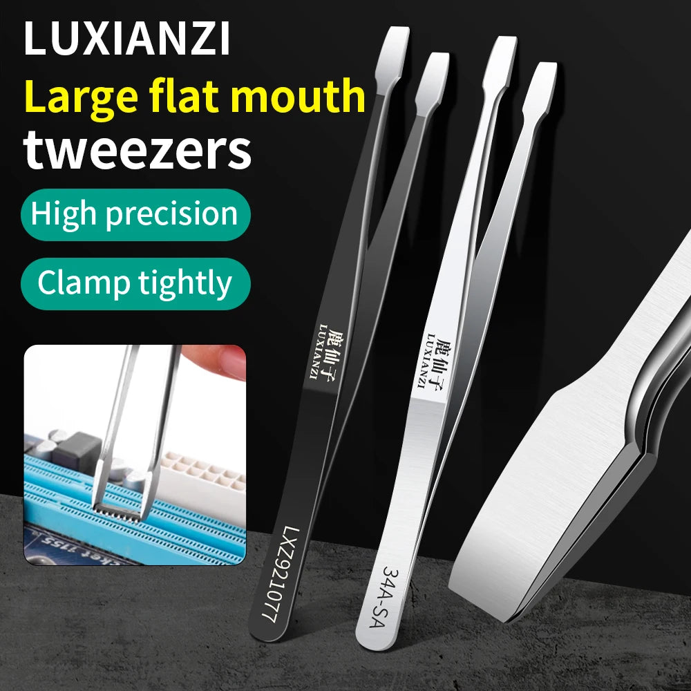 LUXIANZI Flat Stainless Steel Industrial Tweezers For Soldering Repair Electronic Tools Industrial Forceps Precision tweezer