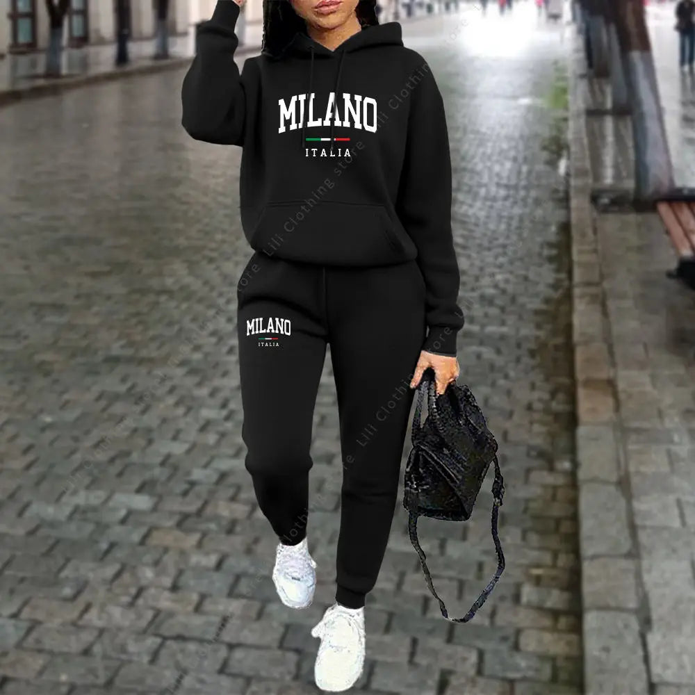 Women’s “MILANO” Letter Print Tracksuit – 2-Piece Hoodie & Pants Set, Casual Sportswear Outfit (Autumn/Winter 2025)