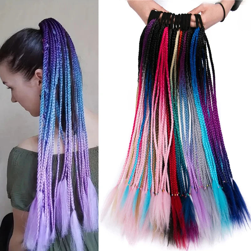 WIGSIN 24Inch Synthetic Long Ombre Rainbow Box Braid Ponytail Hair Extension for Women Rubber Band Hairstyle for Women