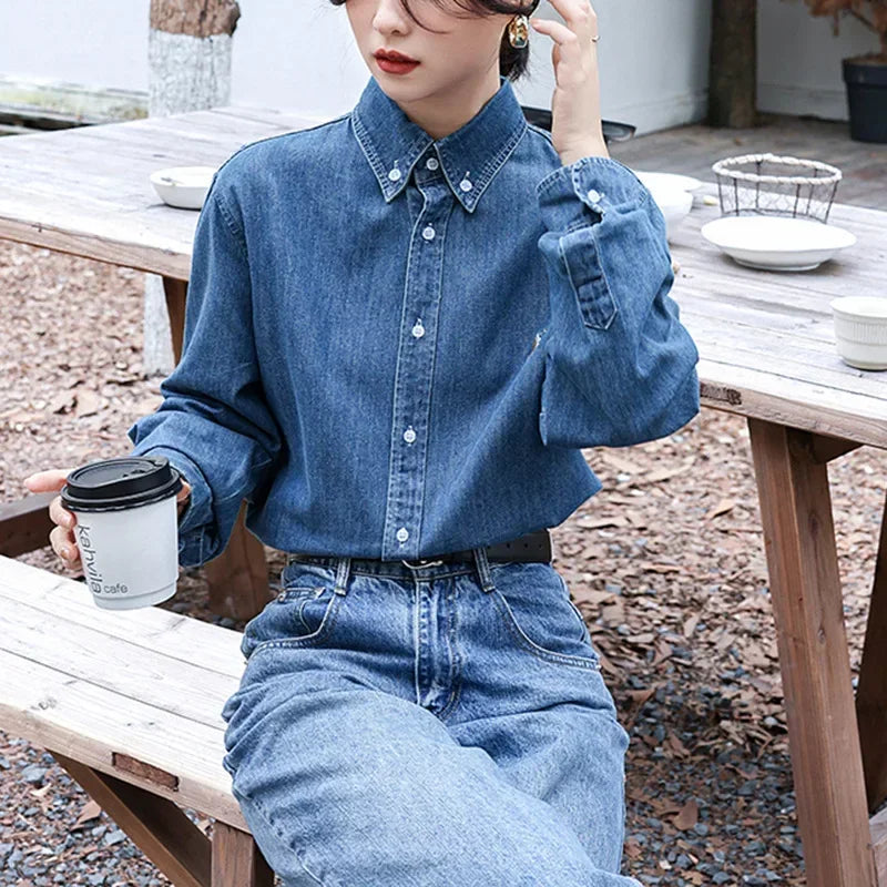 2024 American Style Vintage Denim Shirt Women's Zhengxiu Crystal Same Style  Embroidery Casual Jacket Shirt
