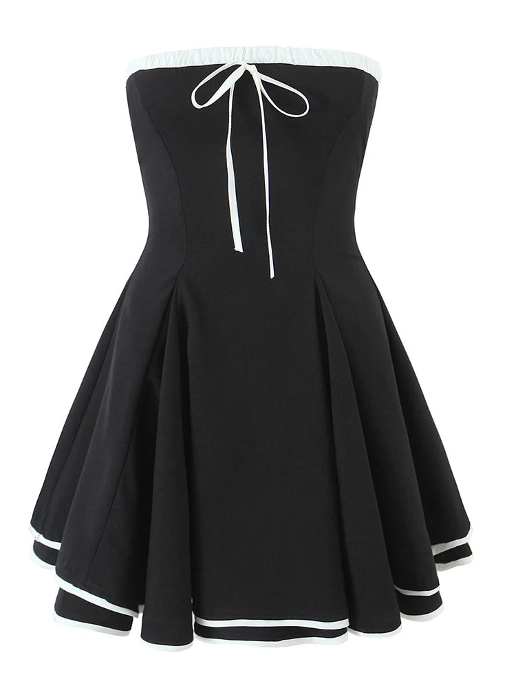 Chu Sau beauty Women New Fashion Sweet Bow Tie Chic Patchwork Mini Dress Sexy Slim Backless Vintage Strapless Short Dresses