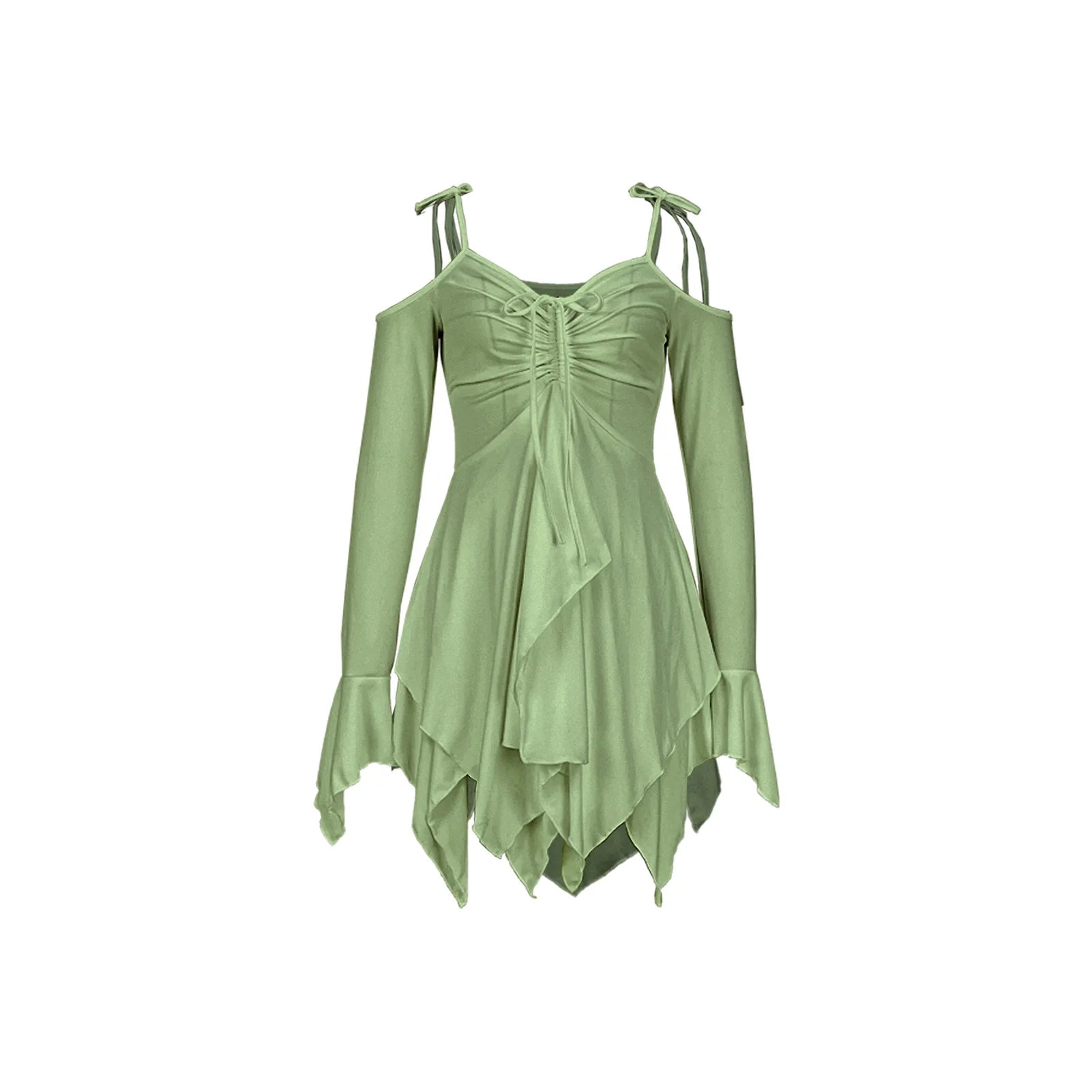 SKMY Women Clothing Drawstring Pleated Short Dresses Solid Color Y2K Irregular Lace-Up Off The Shoulder Long Sleeve Dress