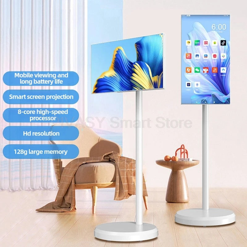 21.5 Inch Tablet Smart TV on Wheeled Stand Android 11 6000mAh Battery Inbuilt 8-core Rotatable Screen Movable for Outdoor Live