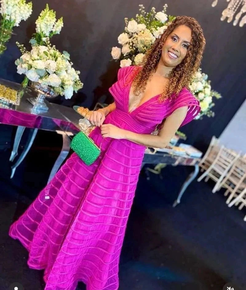 ROSES A Line Fuchsia Formal Dresses Pleat Sleeveless Prom Gown for Woman Deep V Neck Wedding Party Dress robe de bal Customized