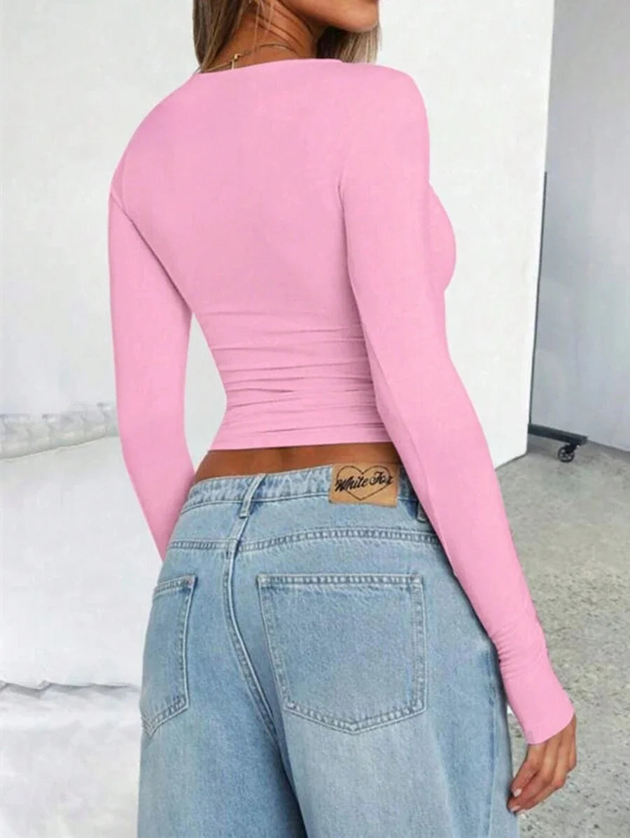 Women’s Slim Fit Long Sleeve Crop Top – Basic Layering Tee for Spring & Fall Fashion (Y2K Style)