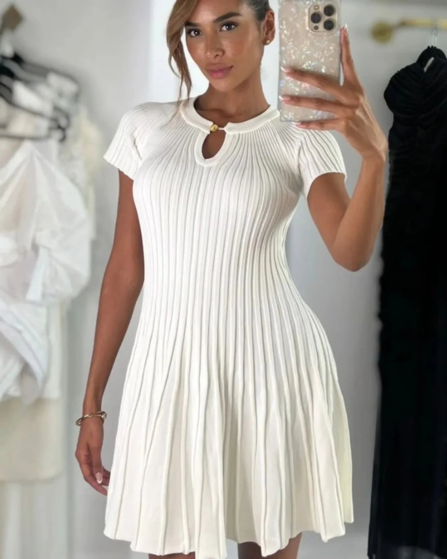 Ribbed Knitting A-line Short Dress Chic Elegant Slim Summer Dress 2025 Short Sleeve Round Neck Fashion New Dresses Vestidos
