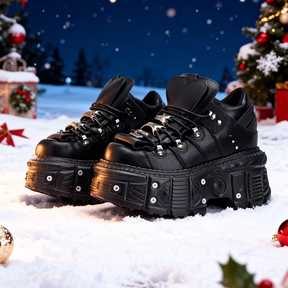 2025 New Punk Style Women Shoes Lace-up Heel Height 6CM Platform Shoes Woman Gothic Ankle Rock Boots Metal Decor Woman Sneakers