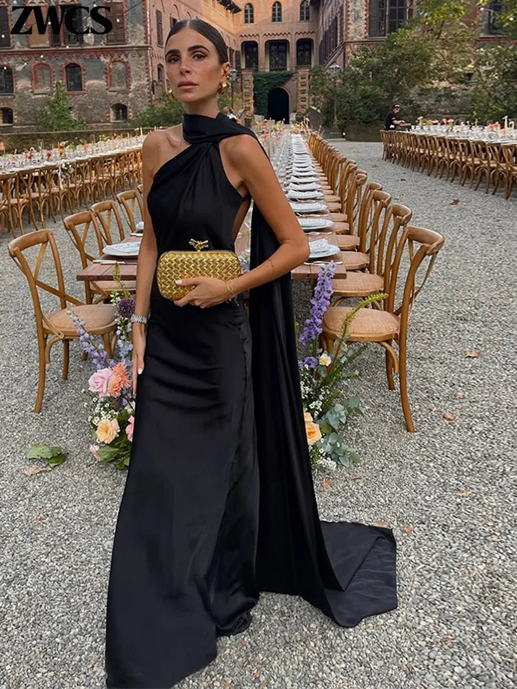 Elegant Satin Ribbons Halter Party Dress Women's Sexy Backless Off Shoulder Sleeveless Robes 2026 Summer New Lady Evening Gowns