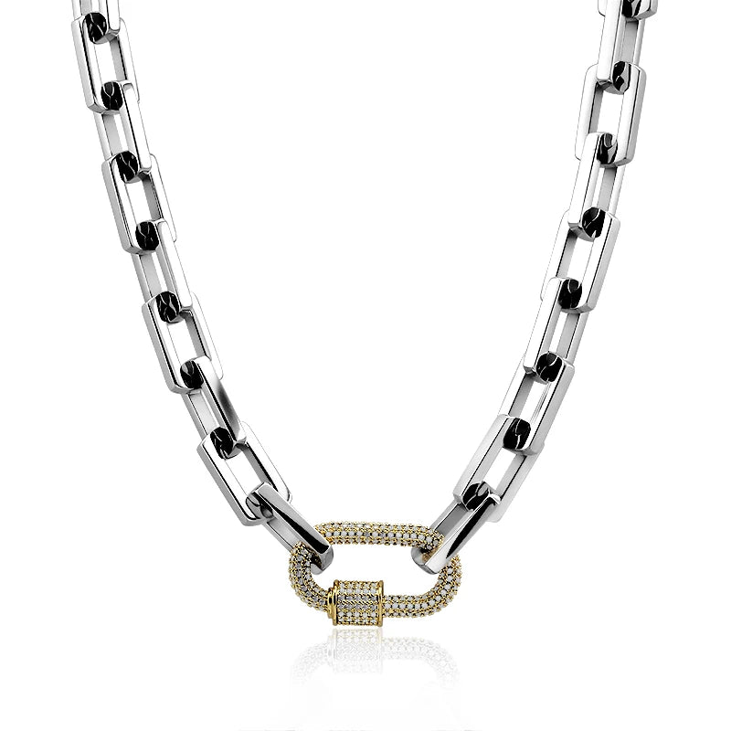 18K Gold & Silver Chunky Paperclip Chain Necklace | Zircon Carabiner Lock Minimalist Jewelry