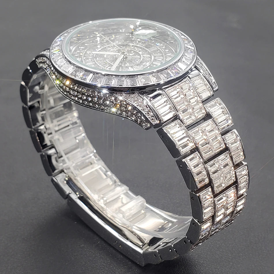 MISSFOX Full Iced-Out Men’s Watch | Luxury Diamond Silver Stainless Steel Quartz with Auto Date