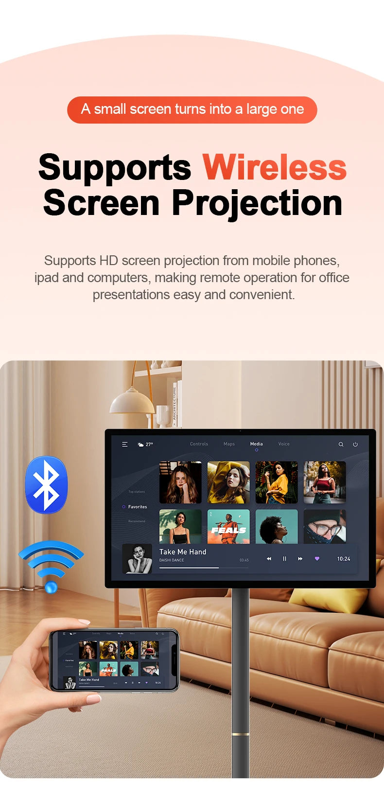 32 Inch Movable With Stand Smart Home Business TV Wireless Smart TV With Rotating Wheels Touch Screen Portable TV﻿