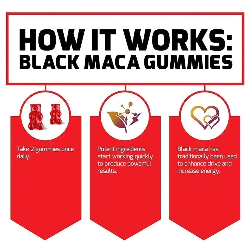 Black Maca Gummies - Performance and Mood Supplement, Supports Natural Health, Muscle Growth, Energy - 60 Gummies
