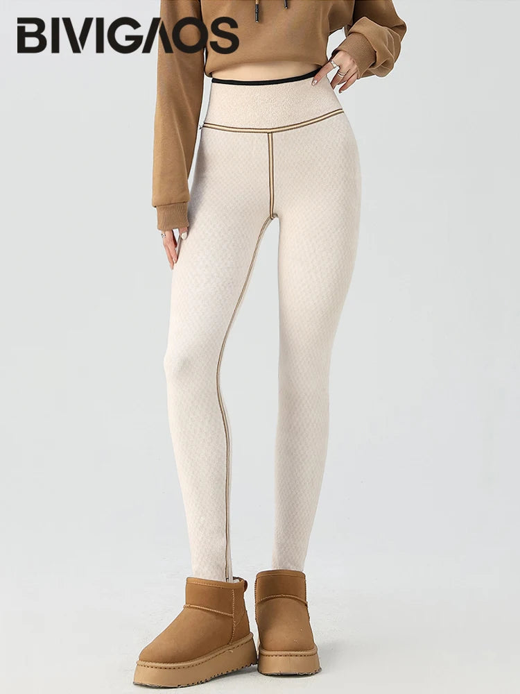BIVIGAOS Snowflake Velvet Warm Sharkskin Leggings — Fleece-Lined High-Waist Winter Pants for Women