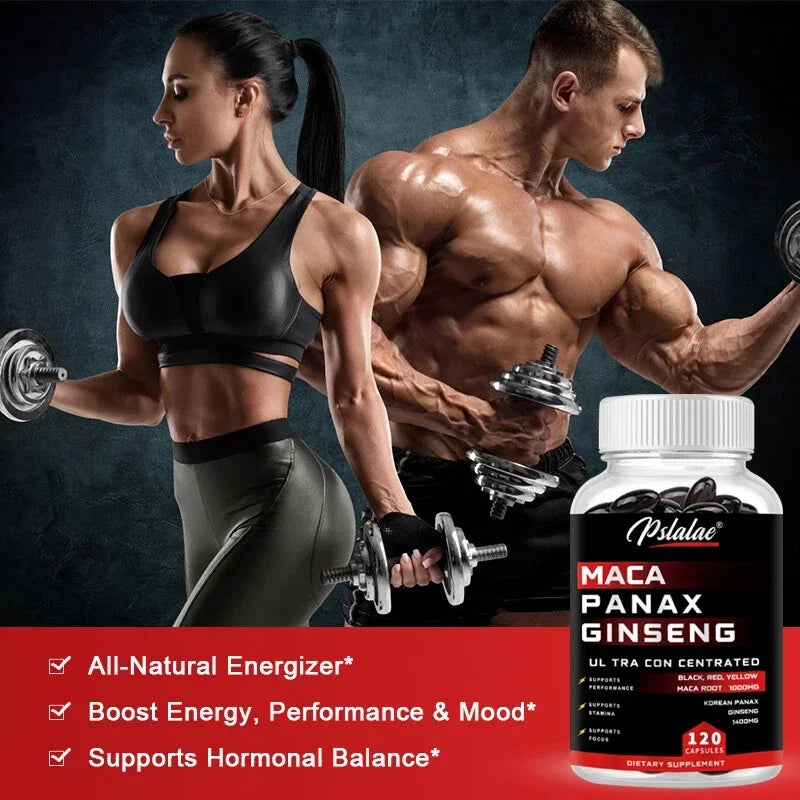 Xemenry Maca Root + Korean Ginseng Capsules – 10,000 mg Maca (Black, Red, Yellow) + 1,400 mg Ginseng | High Strength Energy & Vitality Supplement (30/60/120 Capsules)