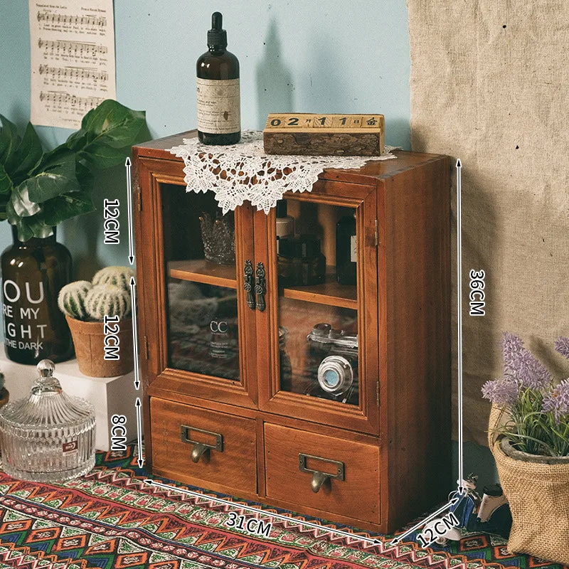 Nordic solid wood retro wooden double door display cabinet miscellaneous cosmetics storage cabinet drawer desktop storage box
