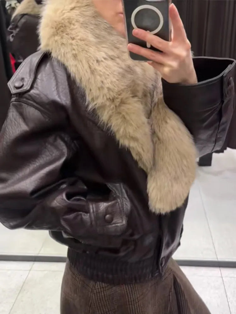 Vintage Fur Collar Women Leather Jacket Lapel V-neck Full Sleeve Double Breasted Bomber Jackets Lady Winter High Street Outwear
