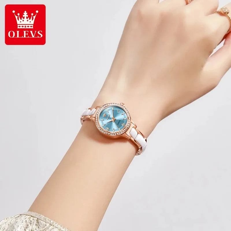 OLEVS Luxury Quartz Watch Women Elegant Ceramics Strap Waterproof Auto Date Luxury Lap Ladies Watches 7093