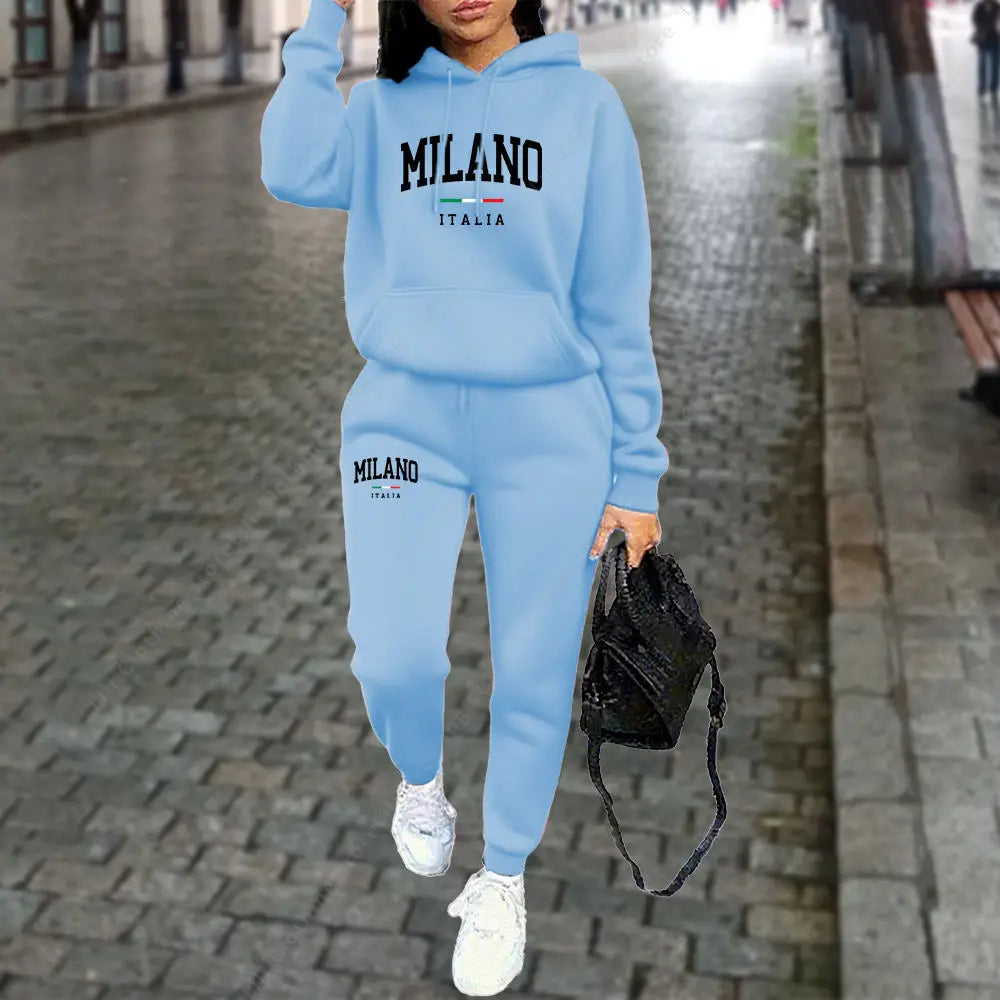 Women’s “MILANO” Letter Print Tracksuit – 2-Piece Hoodie & Pants Set, Casual Sportswear Outfit (Autumn/Winter 2025)