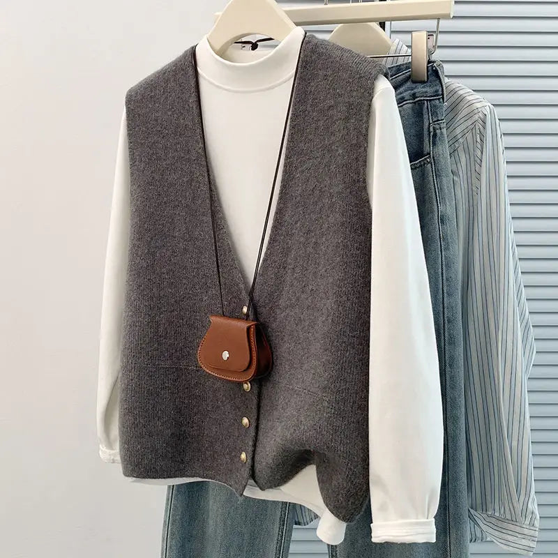 Women's Soft Knitted Vest Women Casual Button deep V-Neck Sleeveless Fall Cardigan stylish Simple Tank Tops Loose Knitwear Coats