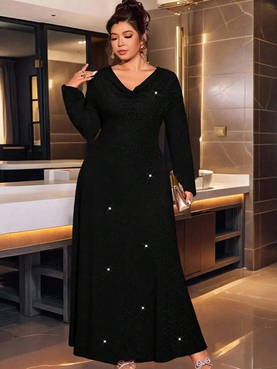 Elegant Red Shiny Draped V-Neck Maxi Dress with Long Sleeves for Formal Events