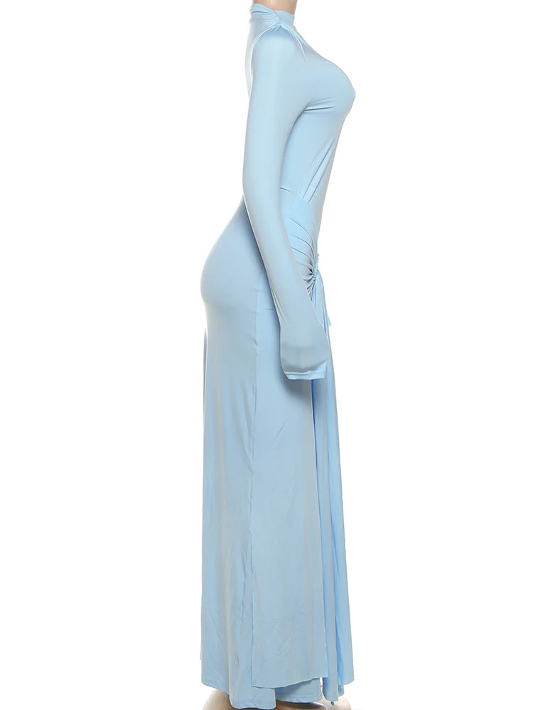 Weird Puss Ruched Elegant Maxi Dress Women Daily Casual Fashion Skinny Full Sleeve Solid Gown Midnight Prom Party Long Bodycon