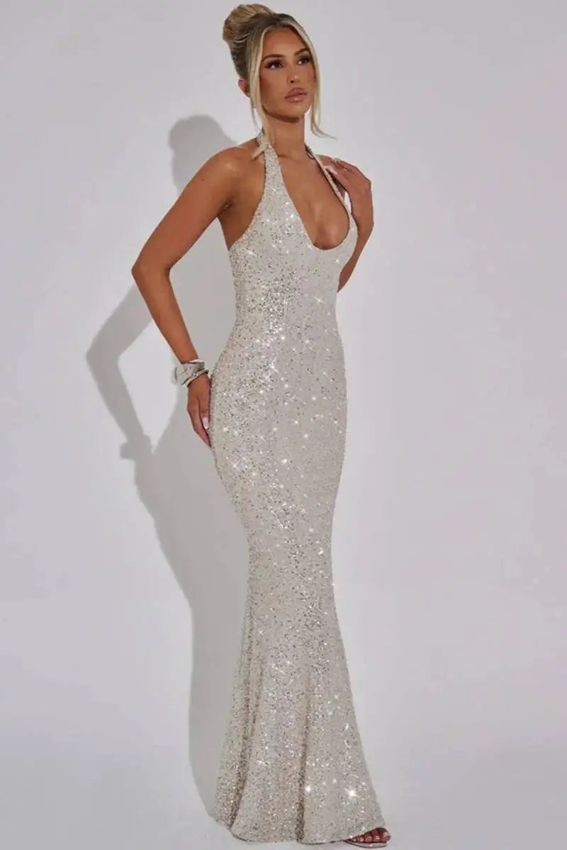 Giyu Sexy Glitter Sparkle Sequined Club Evening Party Dresses Women 2025 Summer Autumn Halter Backless Bodycon Maxi Long Dress
