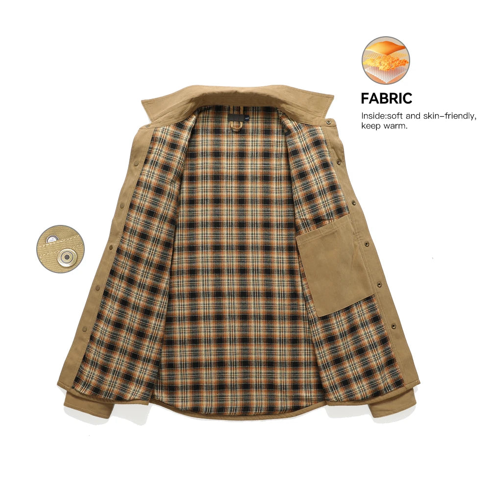 Men's Jackets Spring Flannel Lined Shirt Coat Shacket Casual Snap Button Overshirt Western Cowboy Style High Quality Top US Size