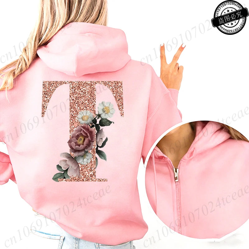 Women Zip Up Hoodies Rose Gold Letter A~Z Zipper Jackets Coats Autumn Winter Hoody Sweatshirt Fashion Casual Zip Pink Hoodie Top