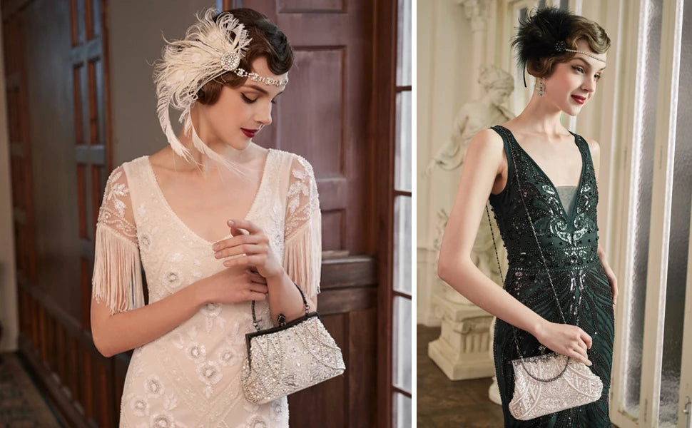 Lost in Vintage Clutch Handbag Beaded and Sequin Kiss-lock Closurer Shoulder Bag Crossbody Detachable ChainProm Evening Party