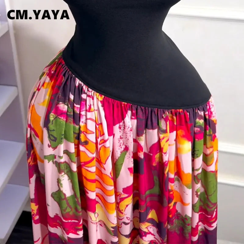 CM.YAYA Women Sleeveless with Sashes Printed Patchwork Tank Long Maxi Dress 2025 Birthday Evening Sexy Party Dresses Vestidos