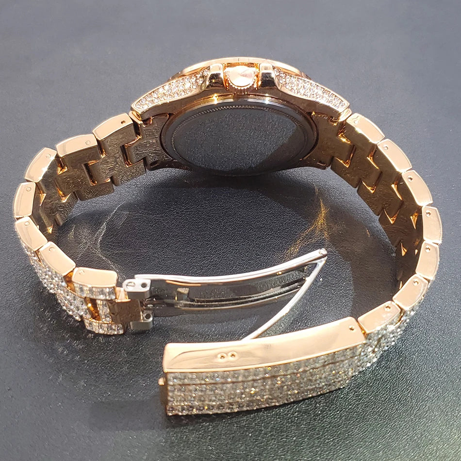 MISSFOX Full Iced-Out Men’s Watch | Luxury Diamond Silver Stainless Steel Quartz with Auto Date