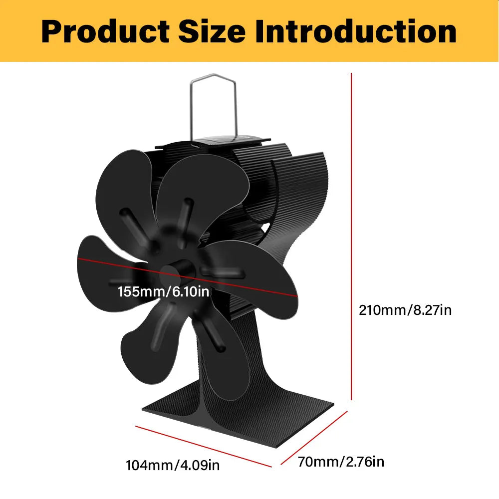New Heat Powered Stove Fan Eco Quiet Black 6 Blades Log Wood Burner Fireplace Fan Efficient Heat Distribution Winter Warmer Home