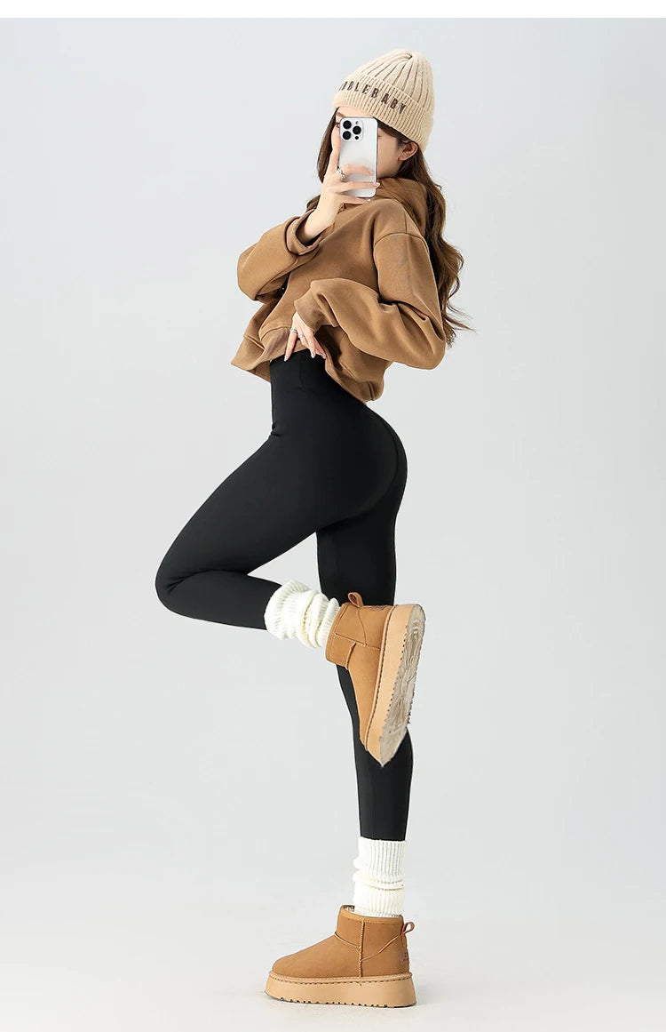 BIVIGAOS Snowflake Velvet Warm Sharkskin Leggings — Fleece-Lined High-Waist Winter Pants for Women