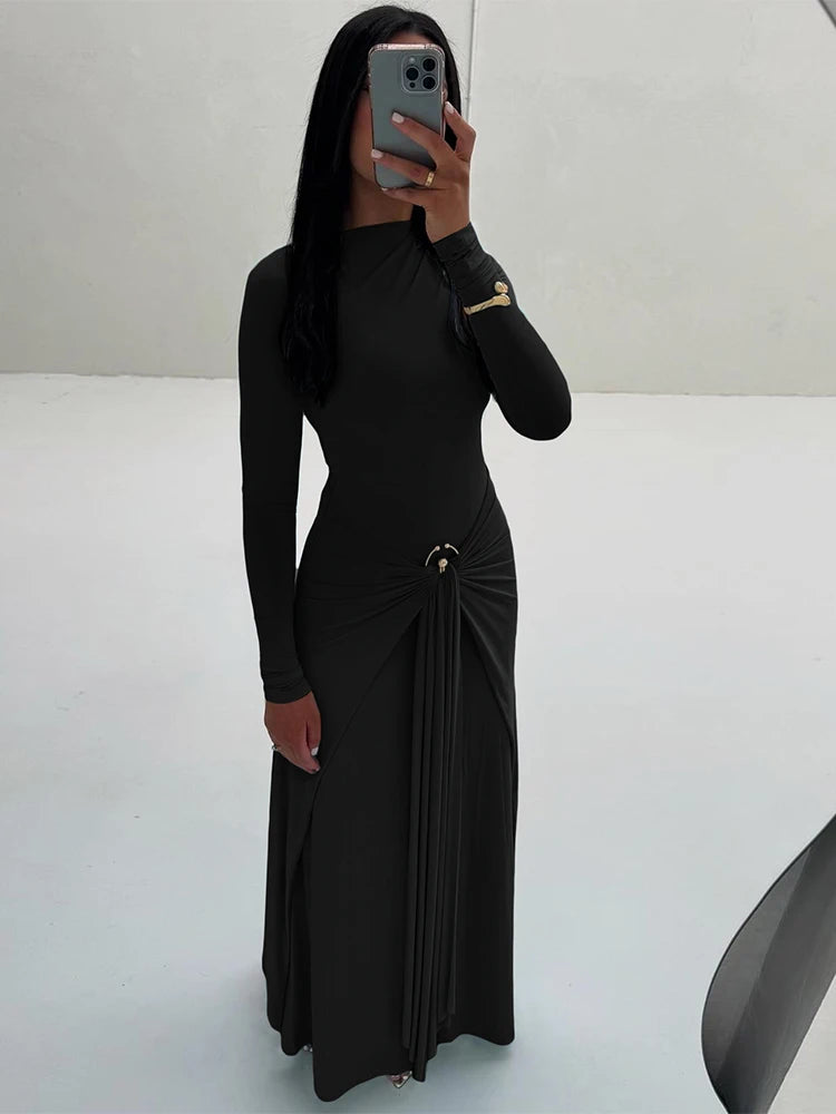 Weird Puss Ruched Elegant Maxi Dress Women Daily Casual Fashion Skinny Full Sleeve Solid Gown Midnight Prom Party Long Bodycon