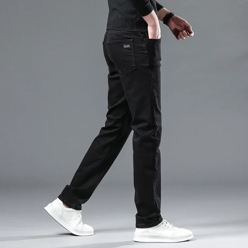2025 New Winter Men Black Straight Stretch Denim Thick Velvet Pants Warm Jeans Casual Fleece Line Trousers Male Plus Size