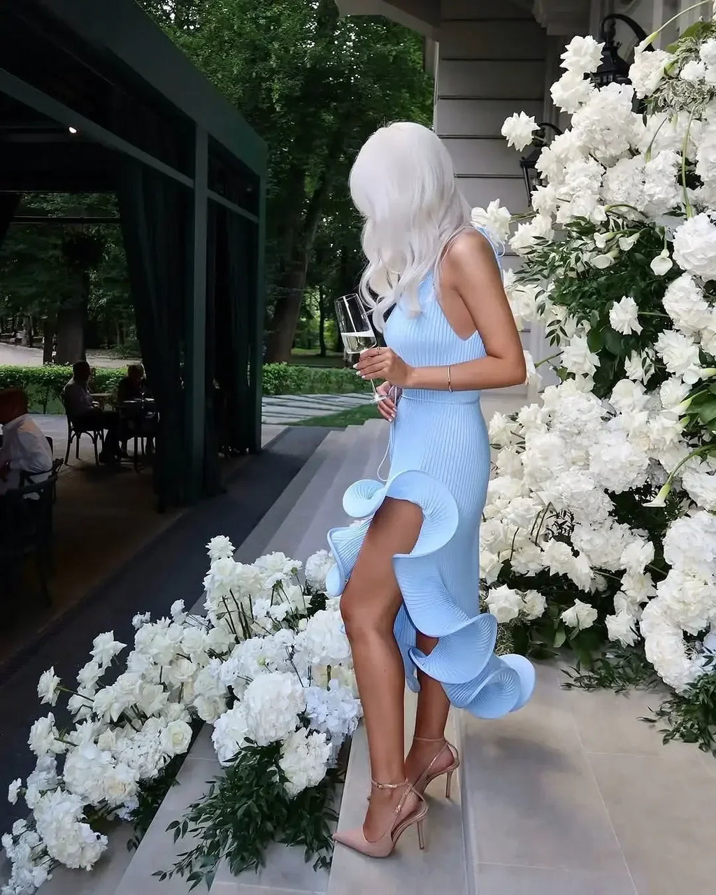 Women Romantic Yellow Halter Maxi Dress Ribbed Knit Ruffled High-slit Slim-fit Vestido 2026 Lady New Spring Trendy Fashion Robes